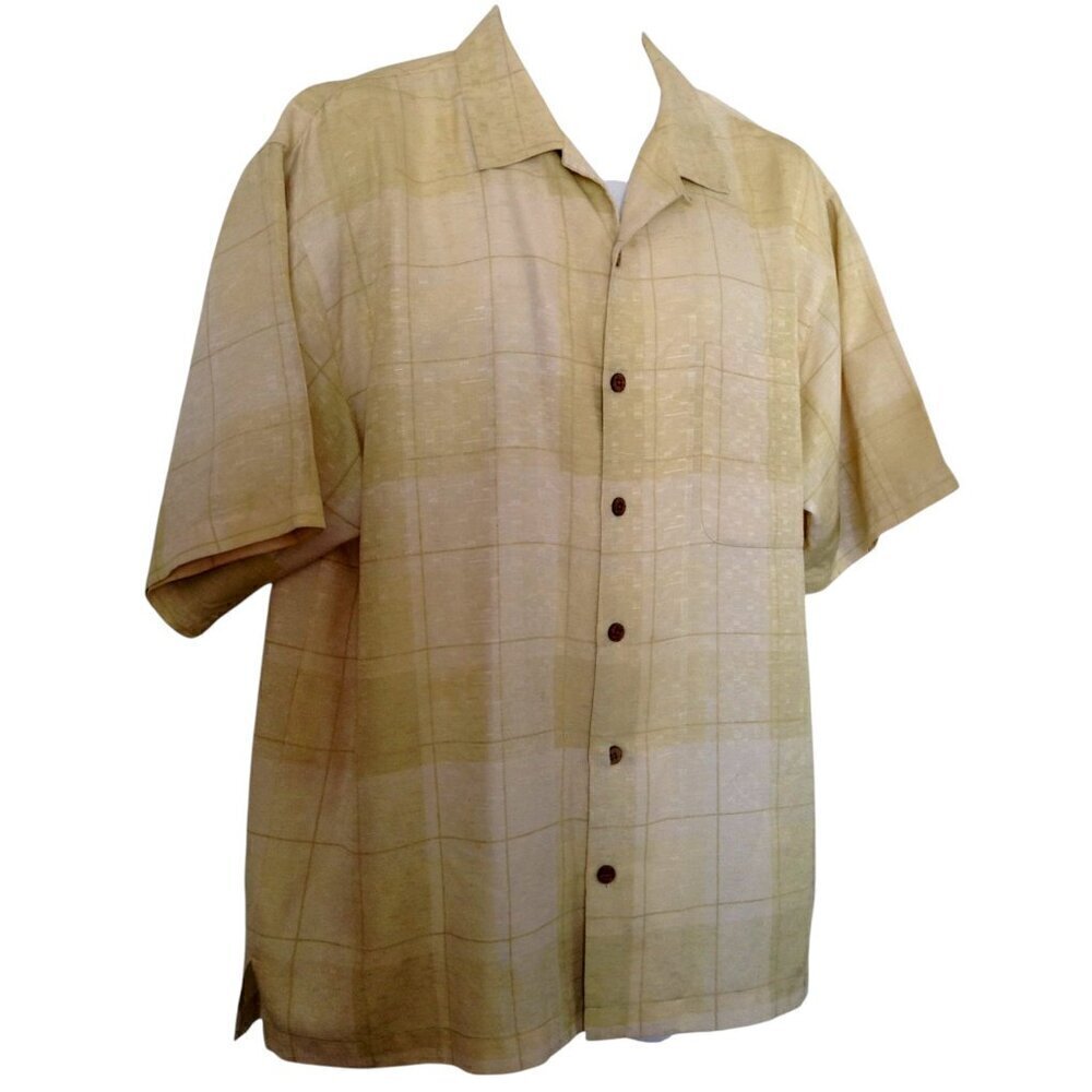 Tommy Bahama Men's Shirt Large Silk Aloha Textured Check Pattern Yellow